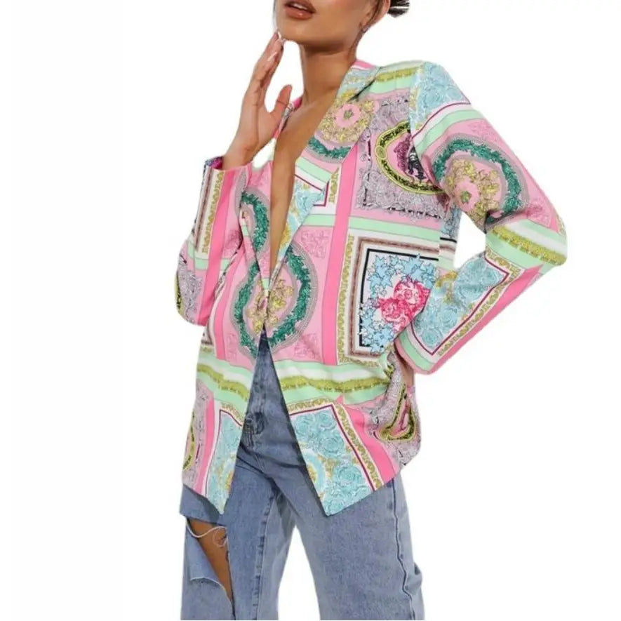 Polyester Mandalas Long Sleeve Blazer Pink / S