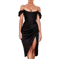 Polyester Off Shoulder Knee Length Dress Black / S
