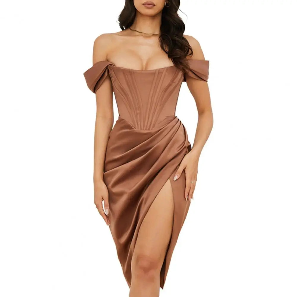 Polyester Off Shoulder Knee Length Dress Brown / S