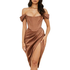 Polyester Off Shoulder Knee Length Dress Brown / S