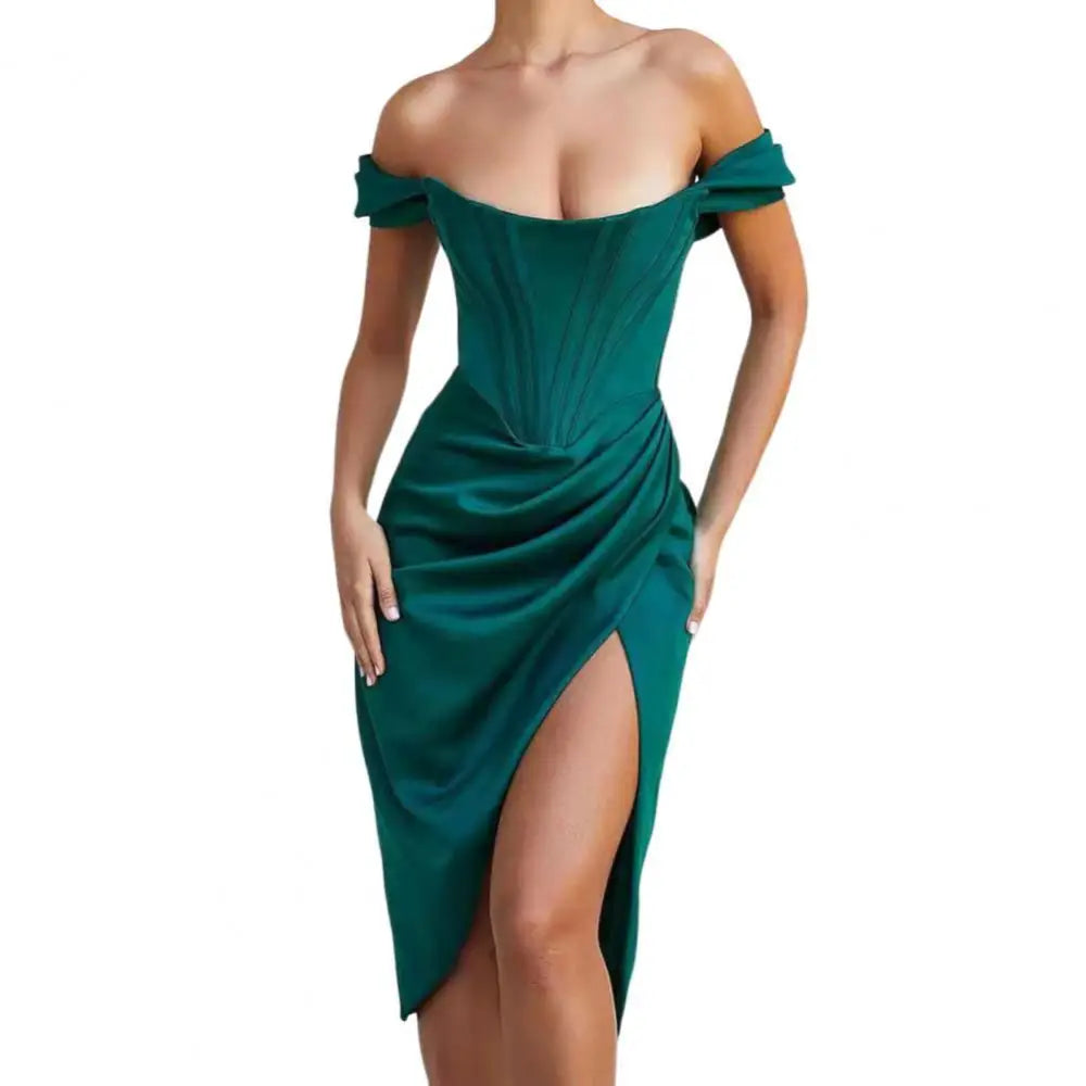 Polyester Off Shoulder Knee Length Dress Green / S