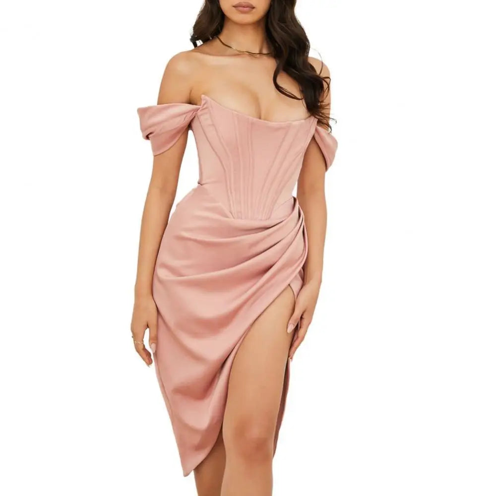 Polyester Off Shoulder Knee Length Dress Pink / S