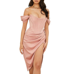 Polyester Off Shoulder Knee Length Dress Pink / S