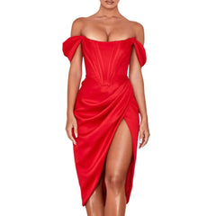 Polyester Off Shoulder Knee Length Dress Red / S