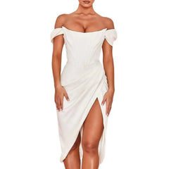 Polyester Off Shoulder Knee Length Dress White / S