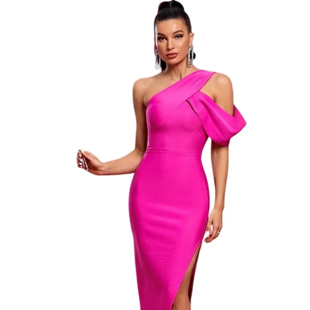Polyester One Shoulder Lower Opening Elegant Dress Pink / XS