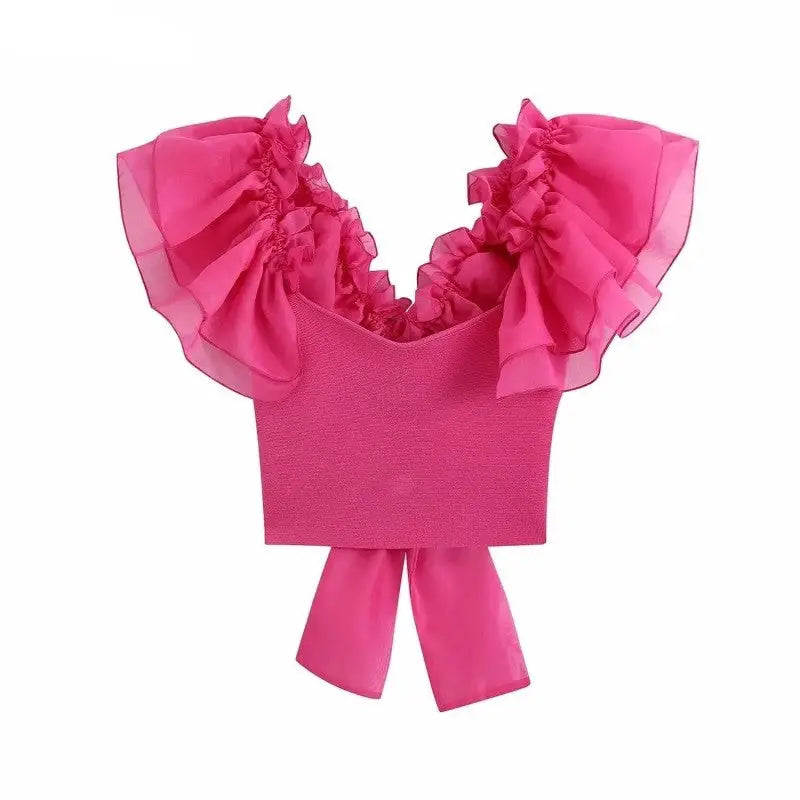 Polyester Puff Ruffle Sleeve Back Bow Blouse
