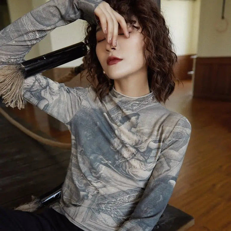 Polyester Renaissance Turtleneck Long Sleeve Blouse