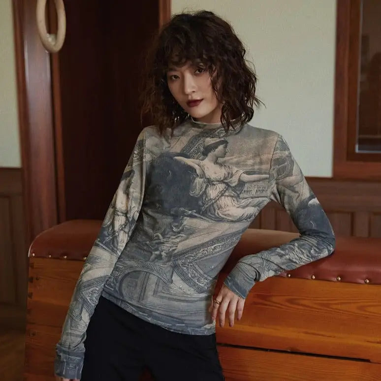 Polyester Renaissance Turtleneck Long Sleeve Blouse Grey / S