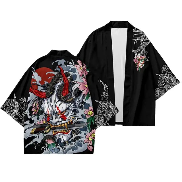 Polyester Sleeve Kimono with Japanese Demon and Snake Design