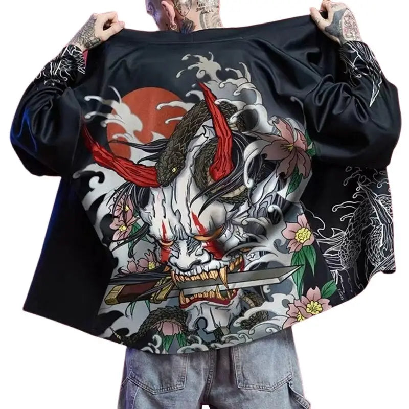 Polyester Sleeve Kimono with Japanese Demon and Snake