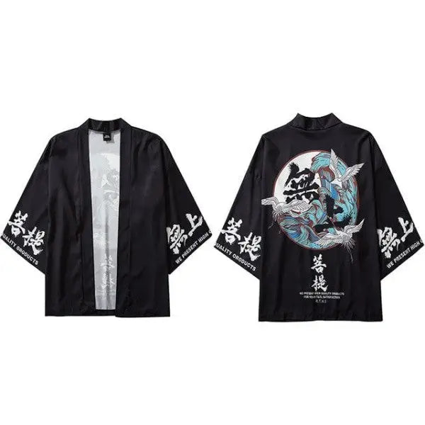 Polyester Sleeve Kimono with Kanji Cranes and Waves Design
