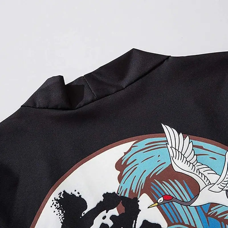 Polyester Sleeve Kimono with Kanji Cranes and Waves Design