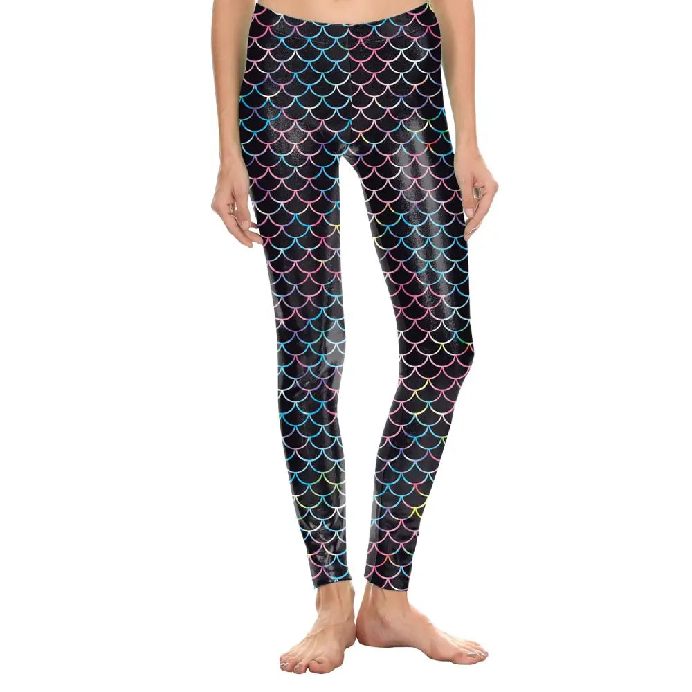 Polyester Spandex Fish Scale Leggings for Women S / Black