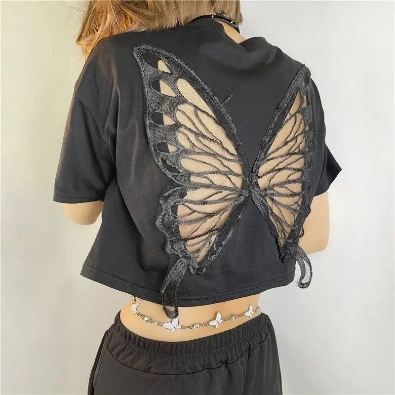 Polyester Wings Butterfly T-Shirt with Hollow Out Back