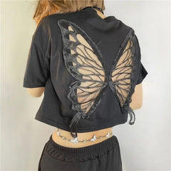 Polyester Wings Butterfly T-Shirt with Hollow Out Back