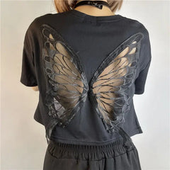 Polyester Wings Butterfly T-Shirt with Hollow Out Back