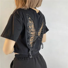 Polyester Wings Butterfly T-Shirt with Hollow Out Back