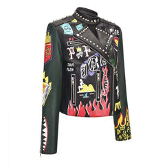 Pop Art Black Motorcycle PU Leather Jacket