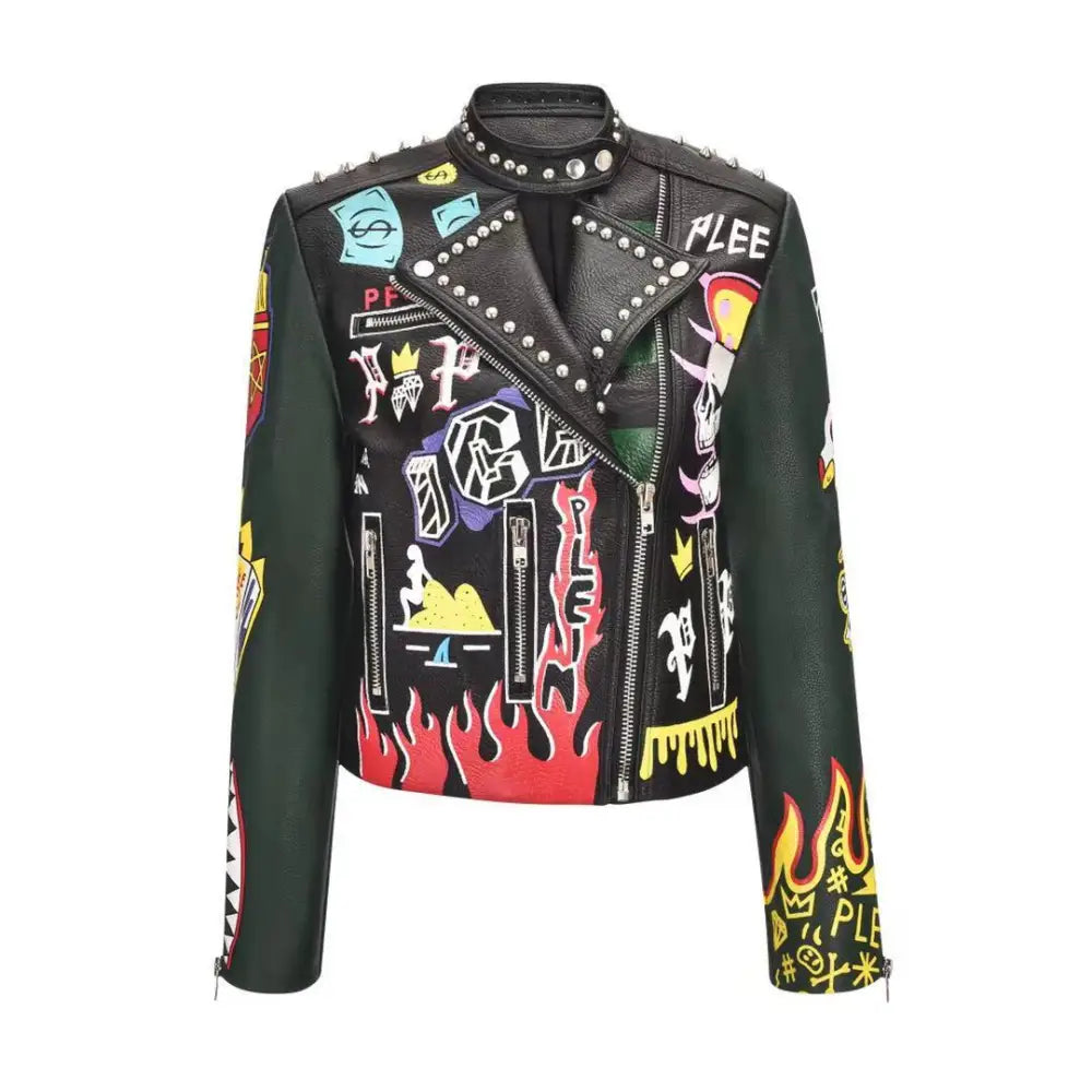 Pop Art Black Motorcycle PU Leather Jacket - S - Jackets