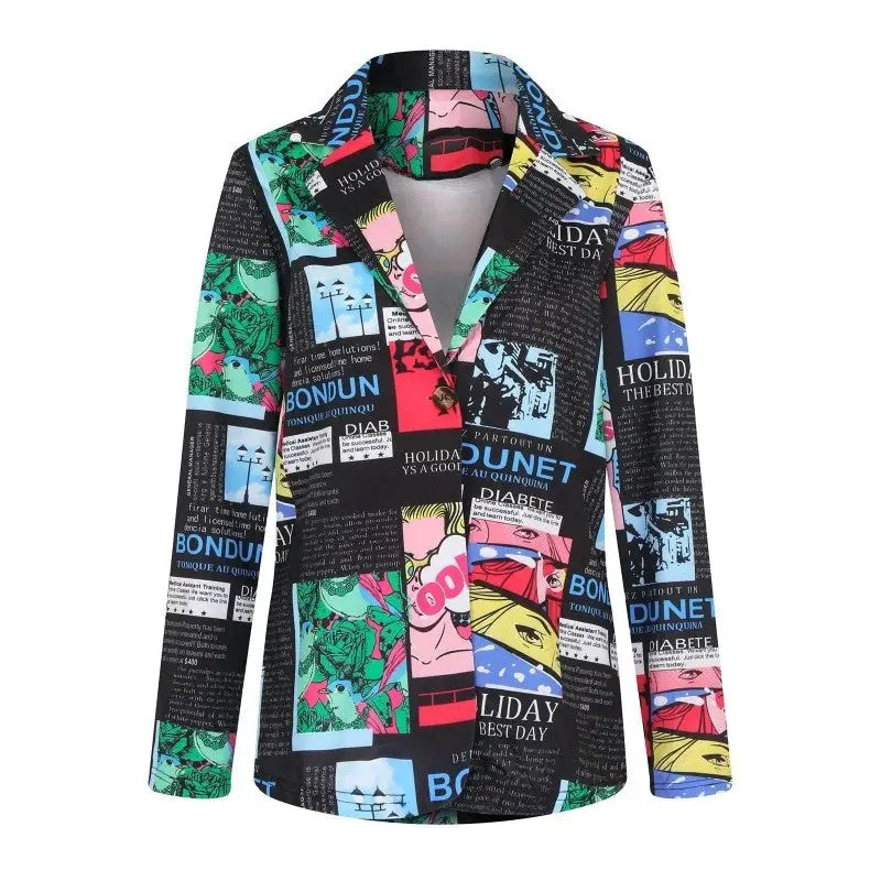 Pop Newspaper Magazine Print Long Sleeves Lapel Suit Blazer