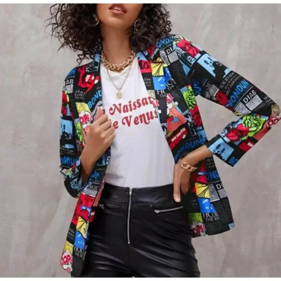 Pop Newspaper Magazine Print Long Sleeves Lapel Suit Blazer