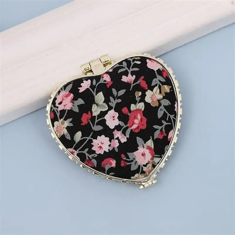 Portable Two-side Compact Pocket Floral Mirror - Black Heart