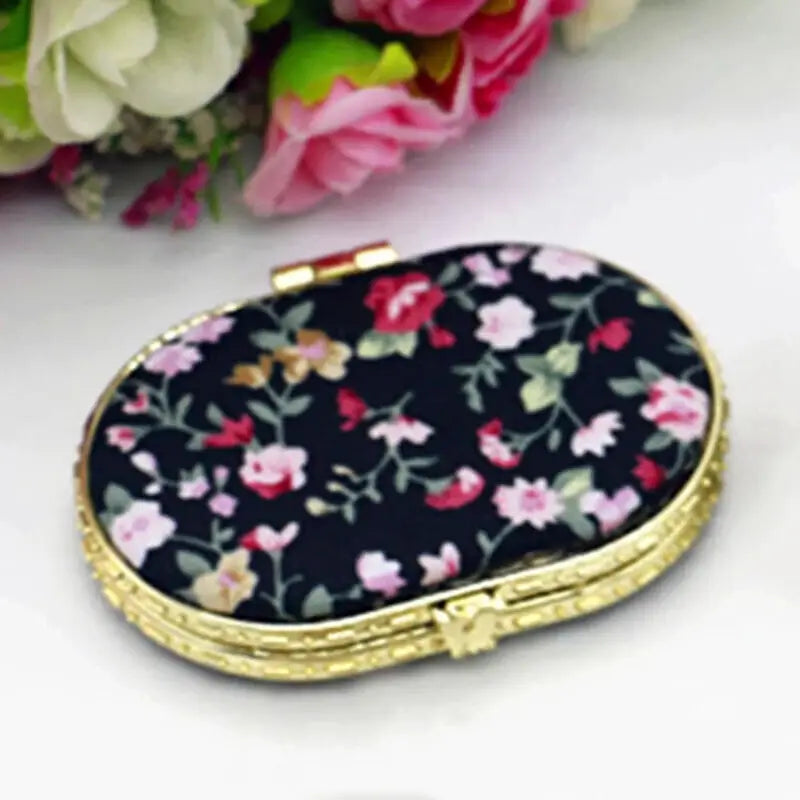 Portable Two-side Compact Pocket Floral Mirror - Black Oval