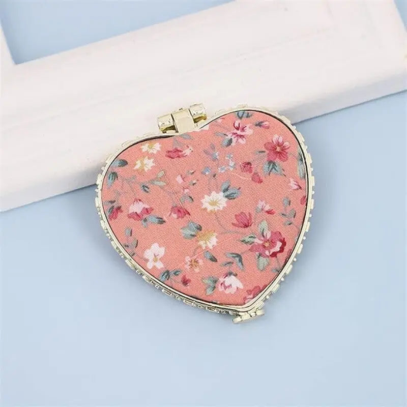 Portable Two-side Compact Pocket Floral Mirror - Pink Heart