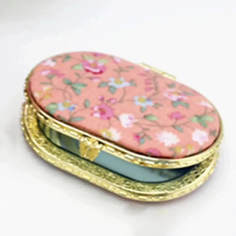 Portable Two-side Compact Pocket Floral Mirror - Pink Oval