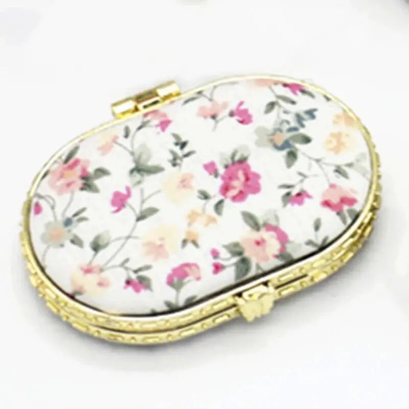 Portable Two-side Compact Pocket Floral Mirror - White Oval