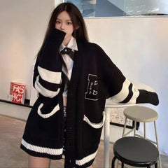 Preppy V Neck B Letter Long Sleeve Cardigan