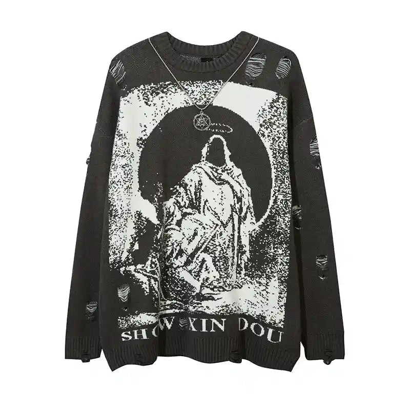 Priest Salvation Print Knitted Sweater with Destroyed Holes