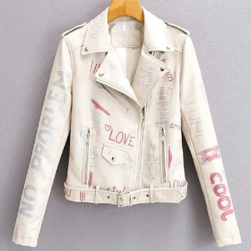 Print Letters Soft Leather Jackets - Beige / S - Jacket