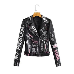 Print Letters Soft Leather Jackets - Black / S - Jacket