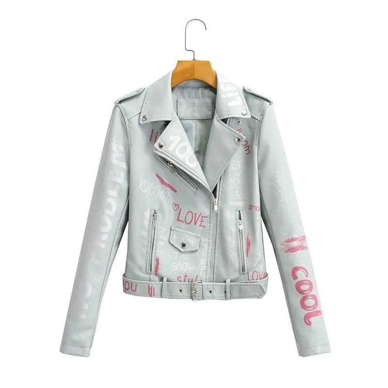 Print Letters Soft Leather Jackets - Blue / S - Jacket