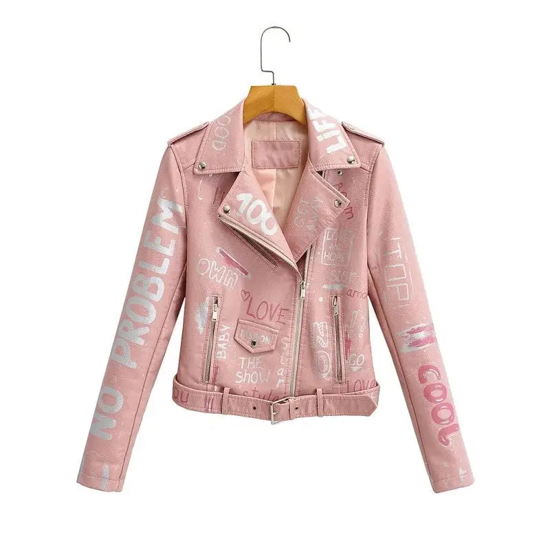 Print Letters Soft Leather Jackets - Pink / S - Jacket