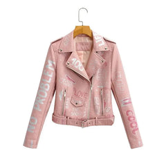 Print Letters Soft Leather Jackets - Pink / S - Jacket
