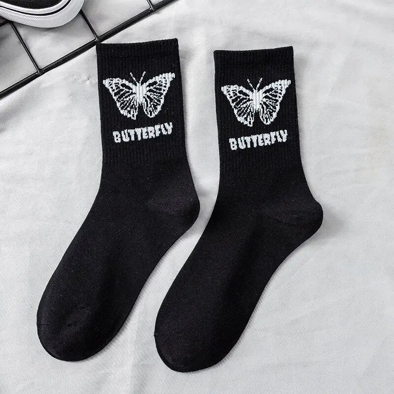 Printed Cotton Socks - Black-Butterfly A / One Size