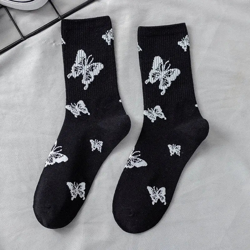 Printed Cotton Socks - Black-Butterfly / One Size
