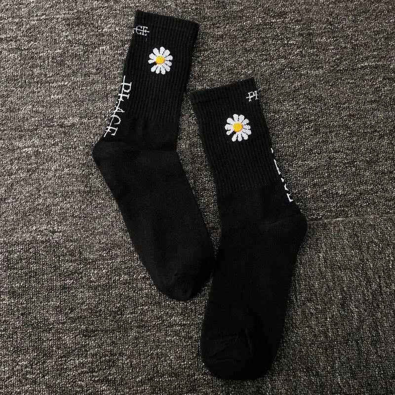 Printed Cotton Socks - Black Daysi Flower / One Size