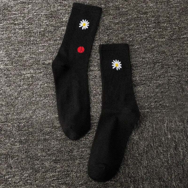 Printed Cotton Socks - Black-Flower / One Size