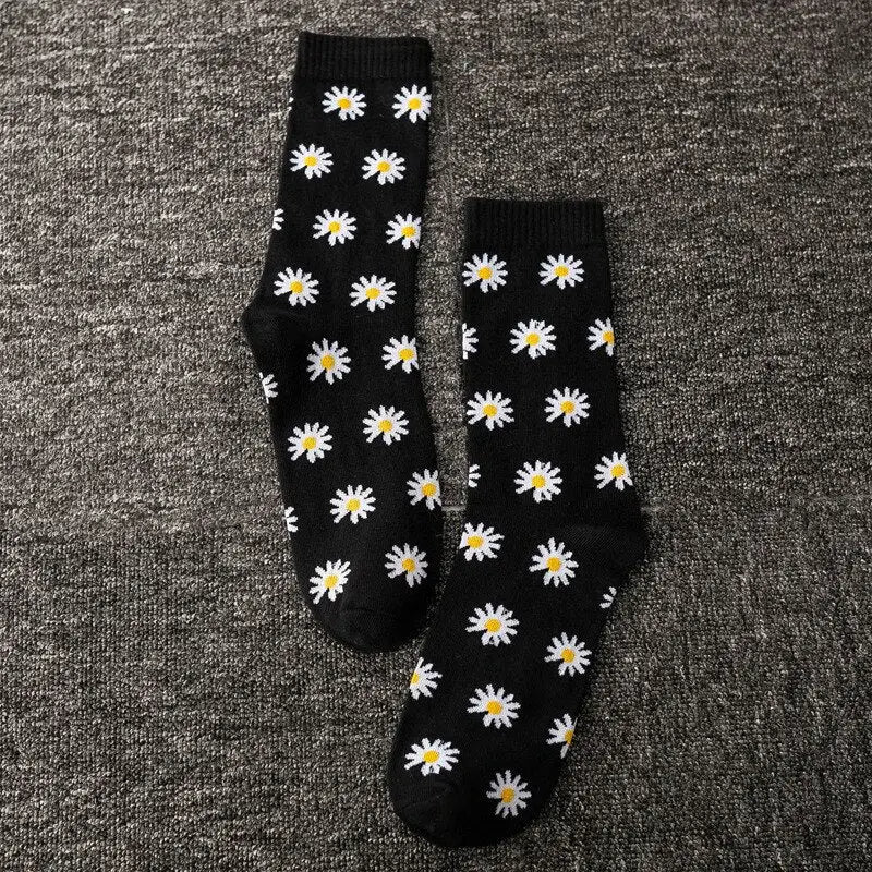 Printed Cotton Socks - Black-Flowers / One Size
