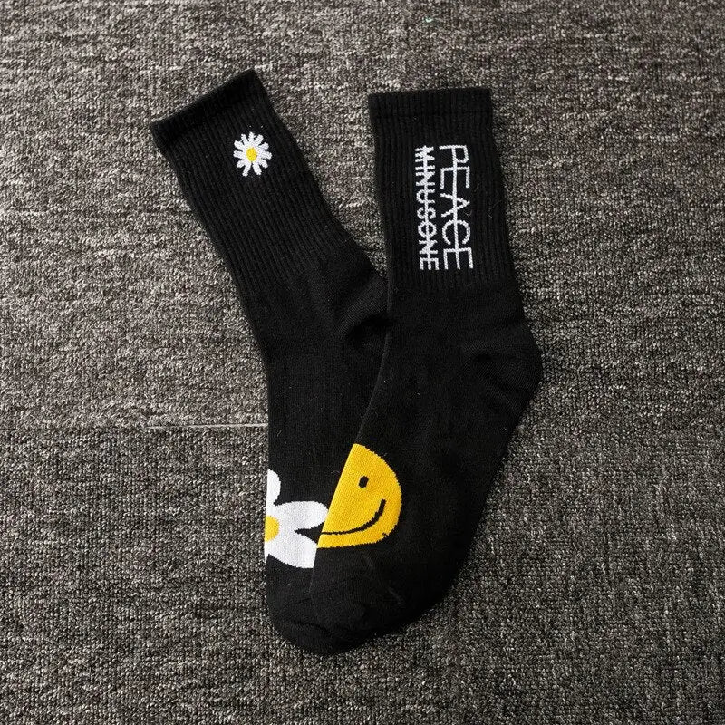 Printed Cotton Socks - Black-Happy Face / One Size