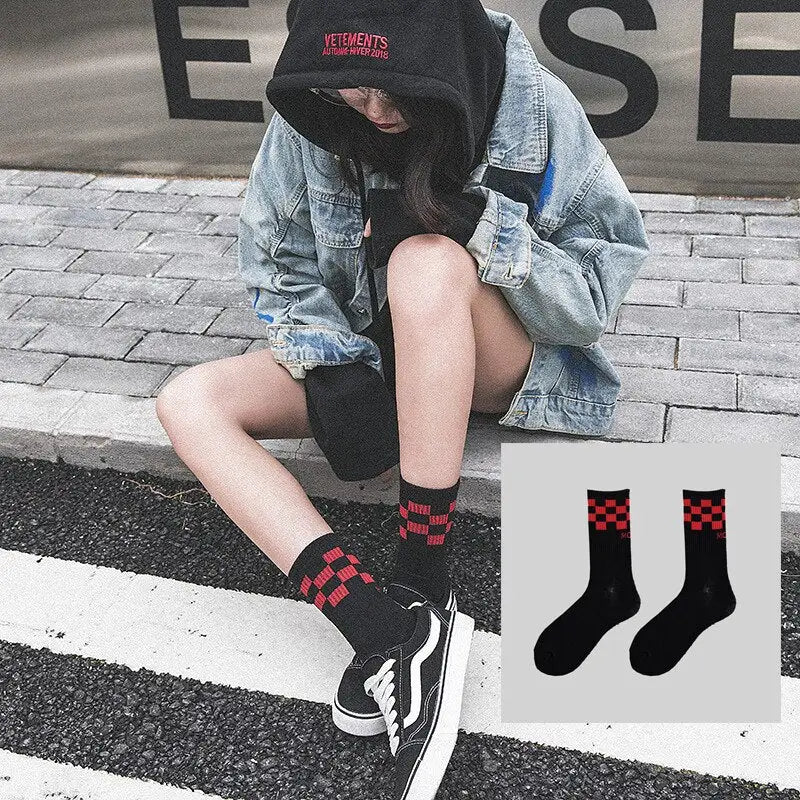 Printed Cotton Socks - Black-Red / One Size