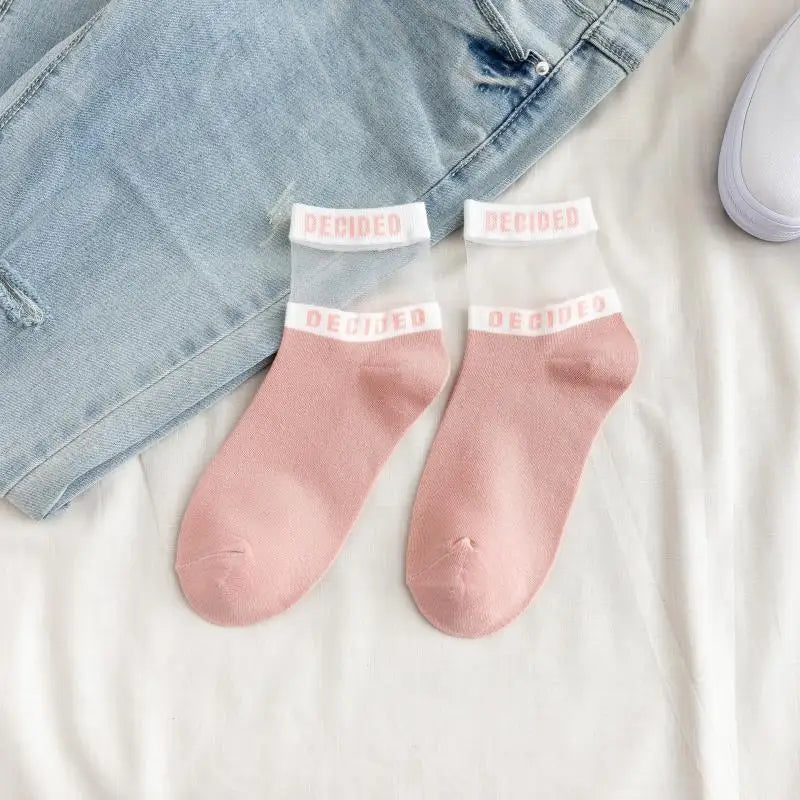 Printed Cotton Socks - Transparent-Pink / One Size