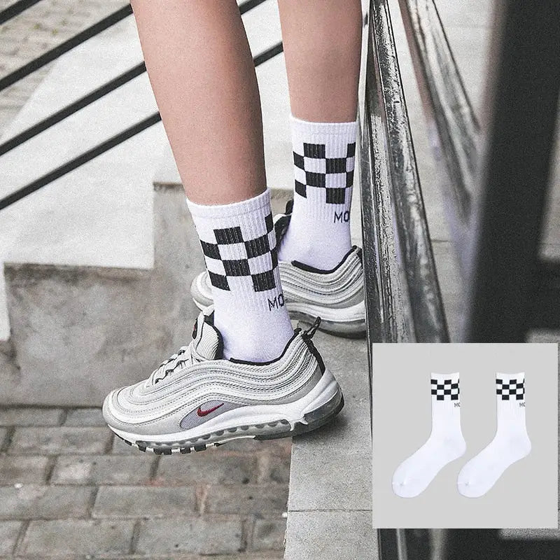 Printed Cotton Socks - White-Black / One Size