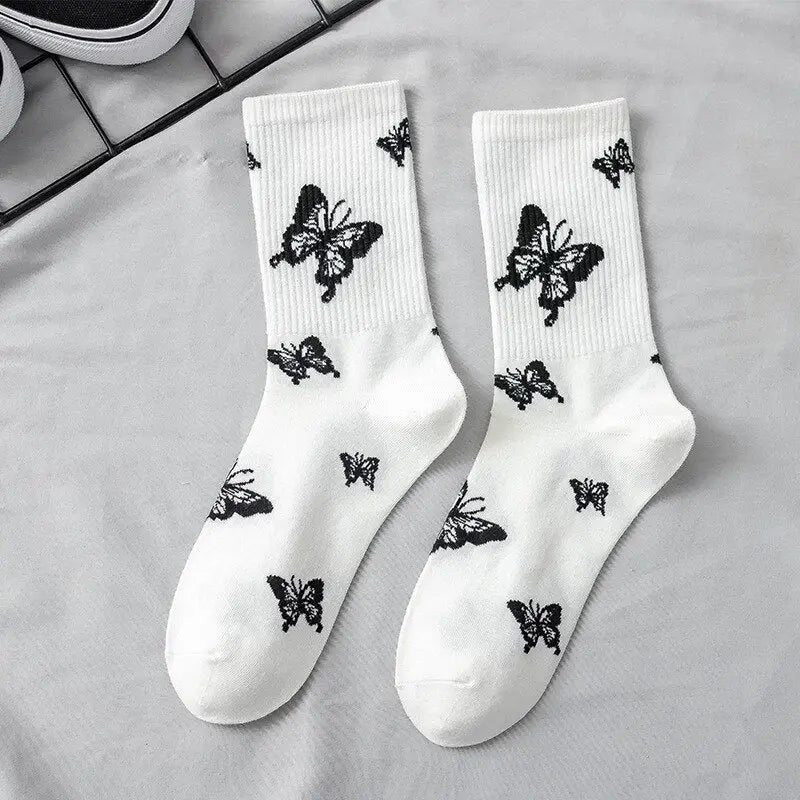 Printed Cotton Socks - White-Butterfly / One Size