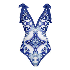 Printed Deep V One-Piece Swimsuit Set - Blue White / S