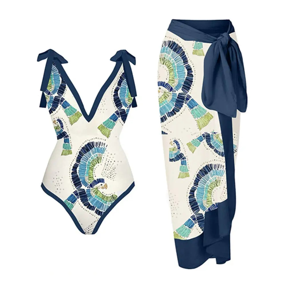 Printed Deep V One-Piece Swimsuit Set - Swimwear